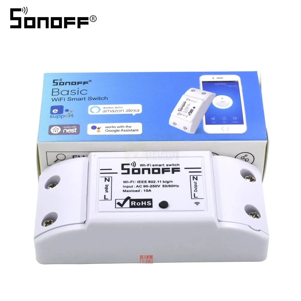 SONOFF Basic 10A WiFi Remote Switch Smart Wireless Automation Module - shown as a white rectangular module with input/output terminals in front of its blue and white retail packaging box.