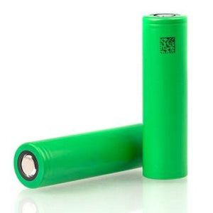 Sony VTC6 18650 1300mAh 15A Battery Cell - two cylindrical green lithium-ion batteries standing upright and lying horizontally on a white surface.