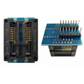 SOP 16-Pin SMD Socket - shown from top and side angles, featuring a black test socket mounted on a blue circuit board with gold-plated connector pins.