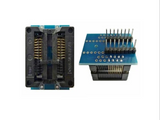 SOP 16-Pin SMD Socket - shown from top and side angles, featuring a black test socket mounted on a blue circuit board with gold-plated connector pins.