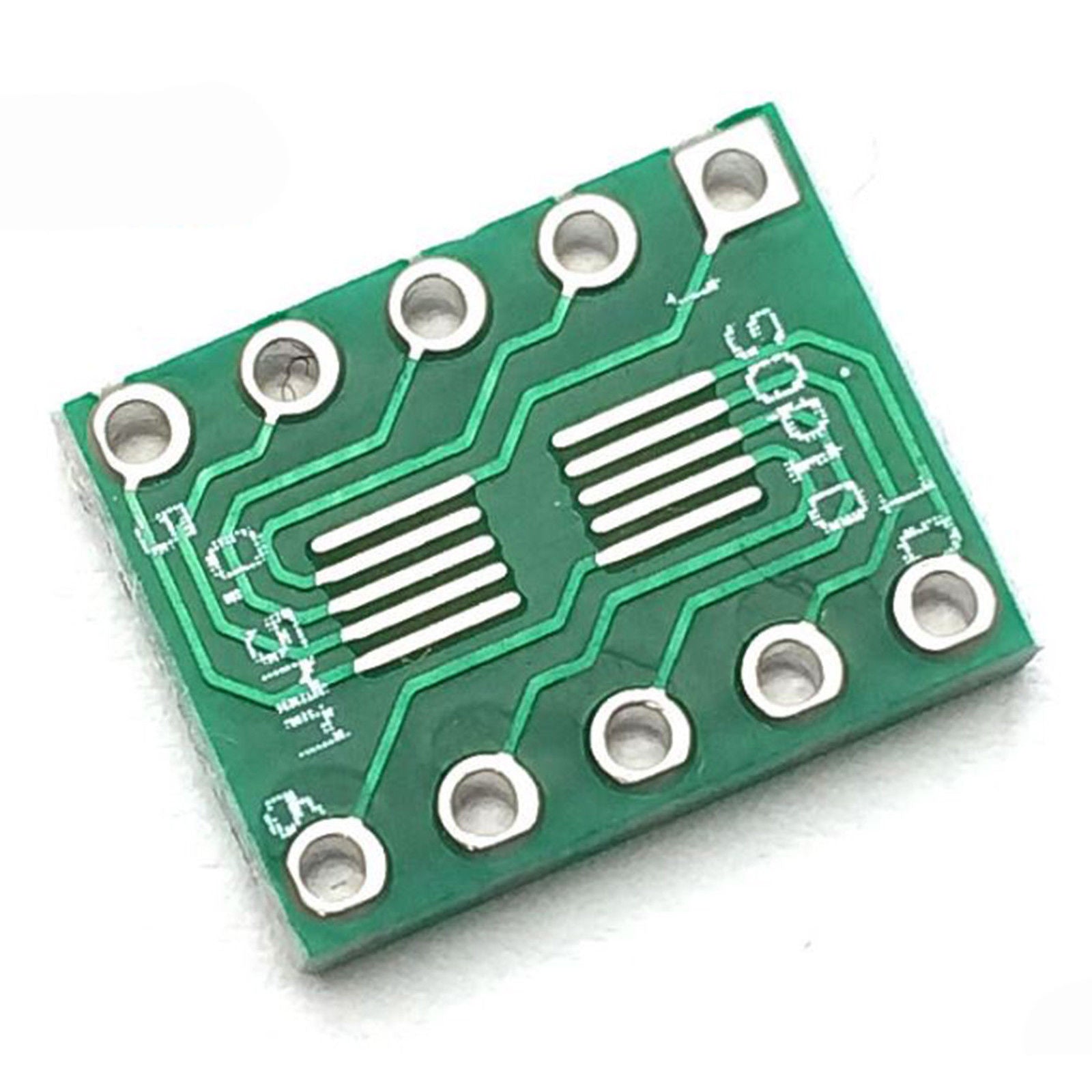 SOP10 S010 SOIC10 TSSOP10 MSOP10 TO DIP10 ADAPTER BOARD - a green rectangular PCB with two central surface-mount pads and ten through-hole pin pads.