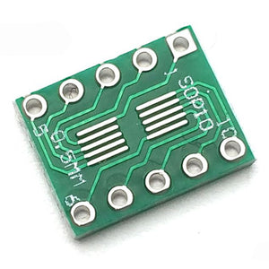 SOP10 S010 SOIC10 TSSOP10 MSOP10 TO DIP10 ADAPTER BOARD - a green rectangular PCB with two central surface-mount pads and ten through-hole pin pads.