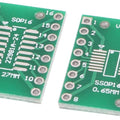 SOP16 DIP Adapter Converter PCB Board - two green rectangular circuit boards with 16-pin footprints and 1.27mm and 0.65mm pitch markings.