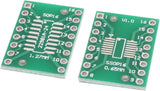 SOP16 DIP Adapter Converter PCB Board - two green rectangular circuit boards with 16-pin footprints and 1.27mm and 0.65mm pitch markings.