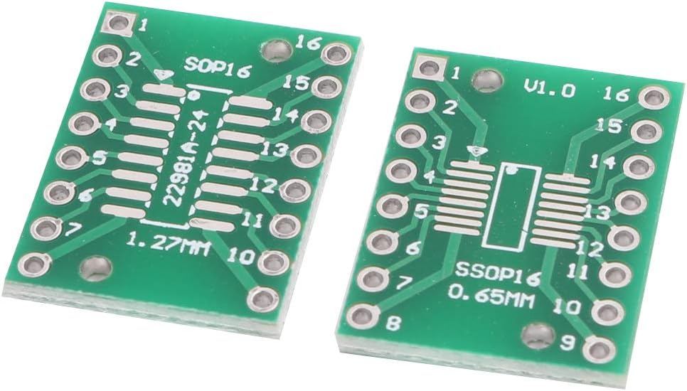 SOP16 DIP Adapter Converter PCB Board - two green rectangular circuit boards with 16-pin footprints and 1.27mm and 0.65mm pitch markings.