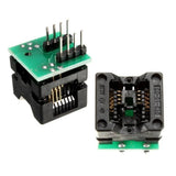 SOP8 150 Mill Socket Adapter For SMD IC’s - shown as two units, one featuring a green circuit board with pins and the other an open black IC socket.