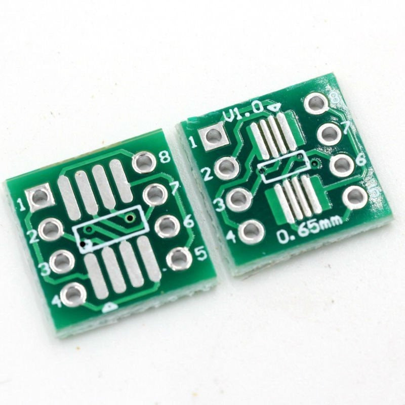 SOP8 SSOP8 TSSOP8 SMD to DIP8 PCB for Programmer - two small green rectangular circuit boards with numbered pins and 0.65mm markings.