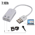Sound Card 7.1 USB 2.0 Virtual Channel Audio Sound Adapter For PC Desktop And Laptops - white, showing a USB connector, two audio ports, a laptop, two speakers, and a microphone.