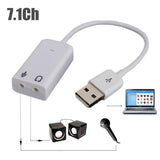 Sound Card 7.1 USB 2.0 Virtual Channel Audio Sound Adapter For PC Desktop And Laptops - white, showing a USB connector, two audio ports, a laptop, two speakers, and a microphone.