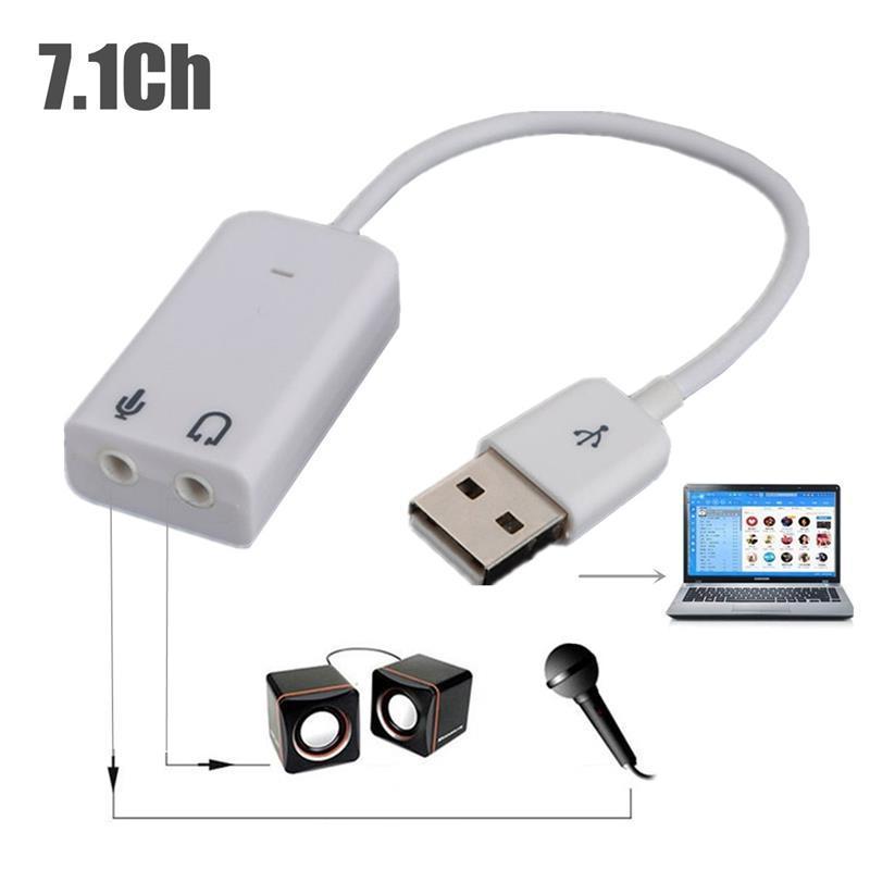 Sound Card 7.1 USB 2.0 Virtual Channel Audio Sound Adapter For PC Desktop And Laptops - white, showing a USB connector, two audio ports, a laptop, two speakers, and a microphone.
