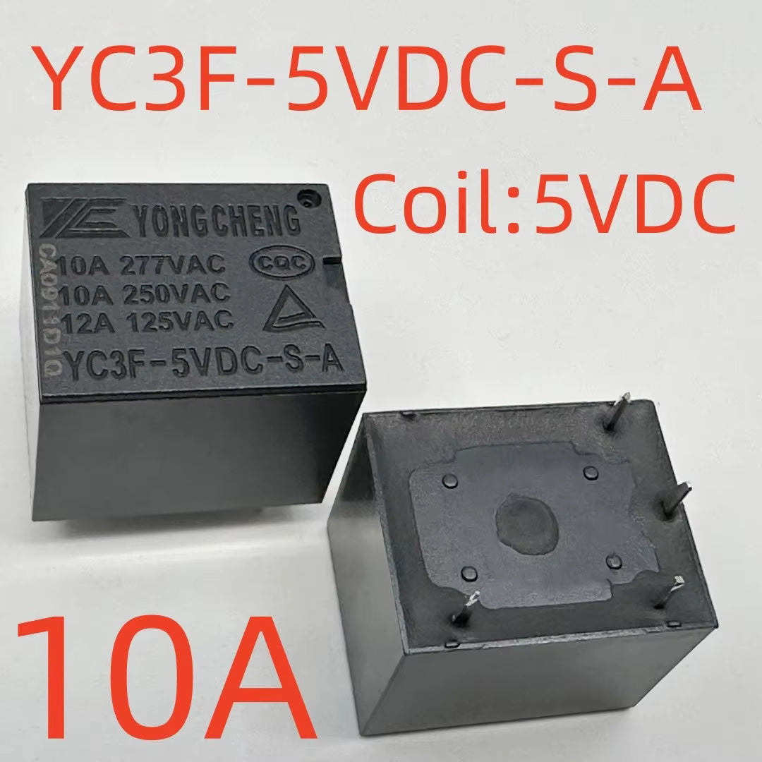 Spdt 5V DC Relay - shown as two black rectangular electronic components with five metal pins on the bottom and printed technical specifications on top.