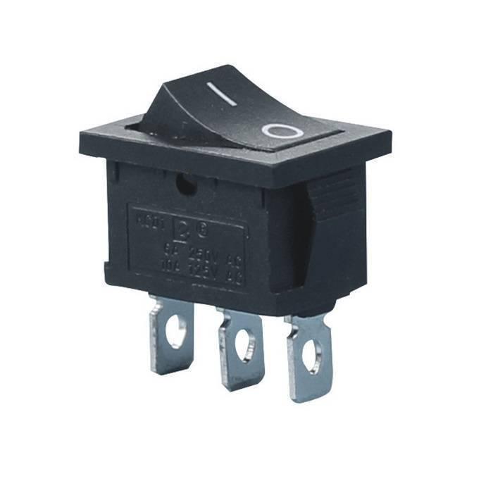 Spdt Rocker Switch Button 3 Pin 2 Position 6A 250V - a black rectangular switch with a top rocker button and three metal terminals on the bottom.