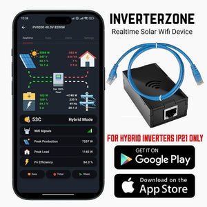 Special Model Device Inverterzone Solar WiFi Device Solar WiFi Dongle - with blue Ethernet cable, beside a phone showing the app's live solar, battery and grid power-flow dashboard in hybrid mode.