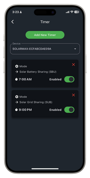 Special Model Device Inverterzone Solar WiFi Device Solar WiFi Dongle - shown on a smartphone screen displaying a Timer menu with two enabled mode settings.