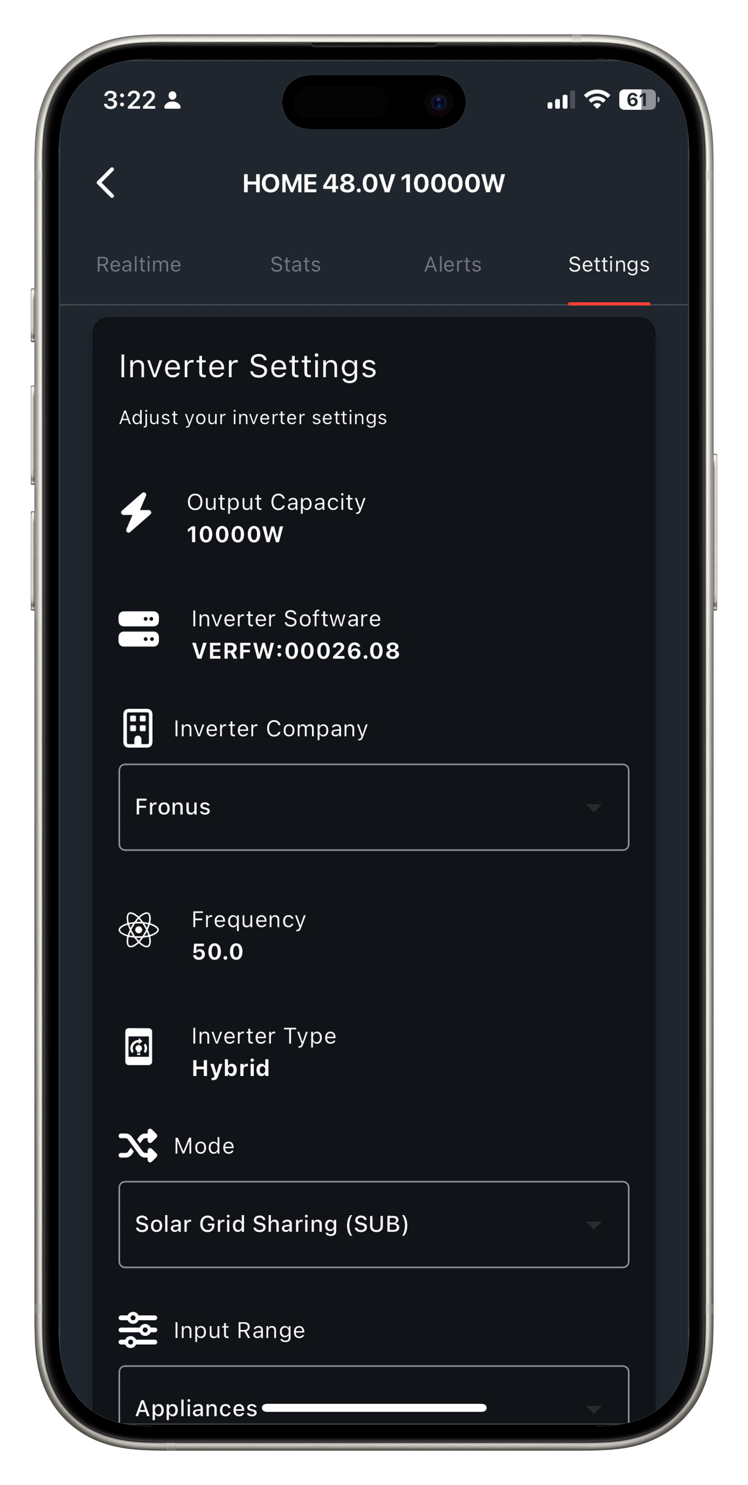Special Model Device Inverterzone Solar WiFi Device Solar WiFi Dongle - a smartphone screen displaying inverter settings including output capacity, software version, and mode options.