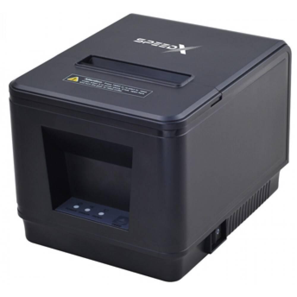 Speed-X-400UL Thermal Receipt Printer USB LAN Accessible - a black, box-shaped printer with a top paper slot, a front-facing control panel with three buttons, and a side switch.