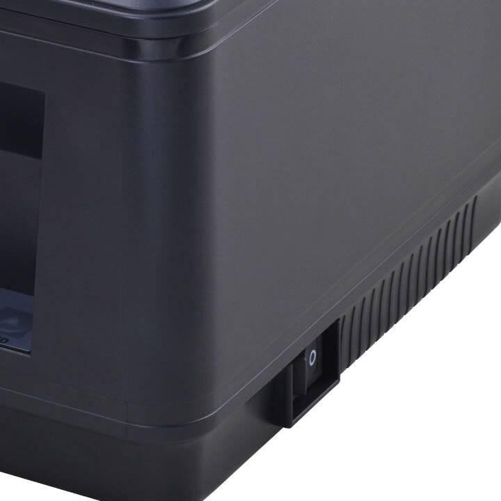 Speed-X-400UL Thermal Receipt Printer USB LAN Accessible - close-up view of the black plastic casing showing the side power switch in the off position.
