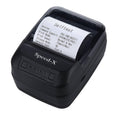 Speed-x BT450M Mini Portable Bluetooth+USB Printer 58mm - a black device with a power button, status indicators, and a self-test paper printout visible.