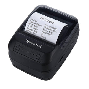Speed-x BT450M Mini Portable Bluetooth+USB Printer 58mm - a black device with a power button, status indicators, and a self-test paper printout visible.