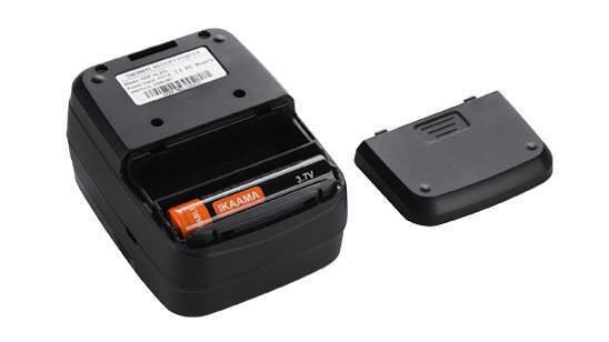 Speed-x BT450M Mini Portable Bluetooth+USB Printer 58mm - shown from the back with its battery compartment open, a 3.7V battery inserted, and the cover removed.
