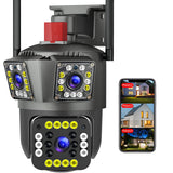 Speed-x PTZ (SPZ-803) 3 Camera Lens WiFi Outdoor 6MP Color Night Vision with V380 Pro App without adapter - with three lenses and LED lights, shown next to a smartphone displaying three different camera views.