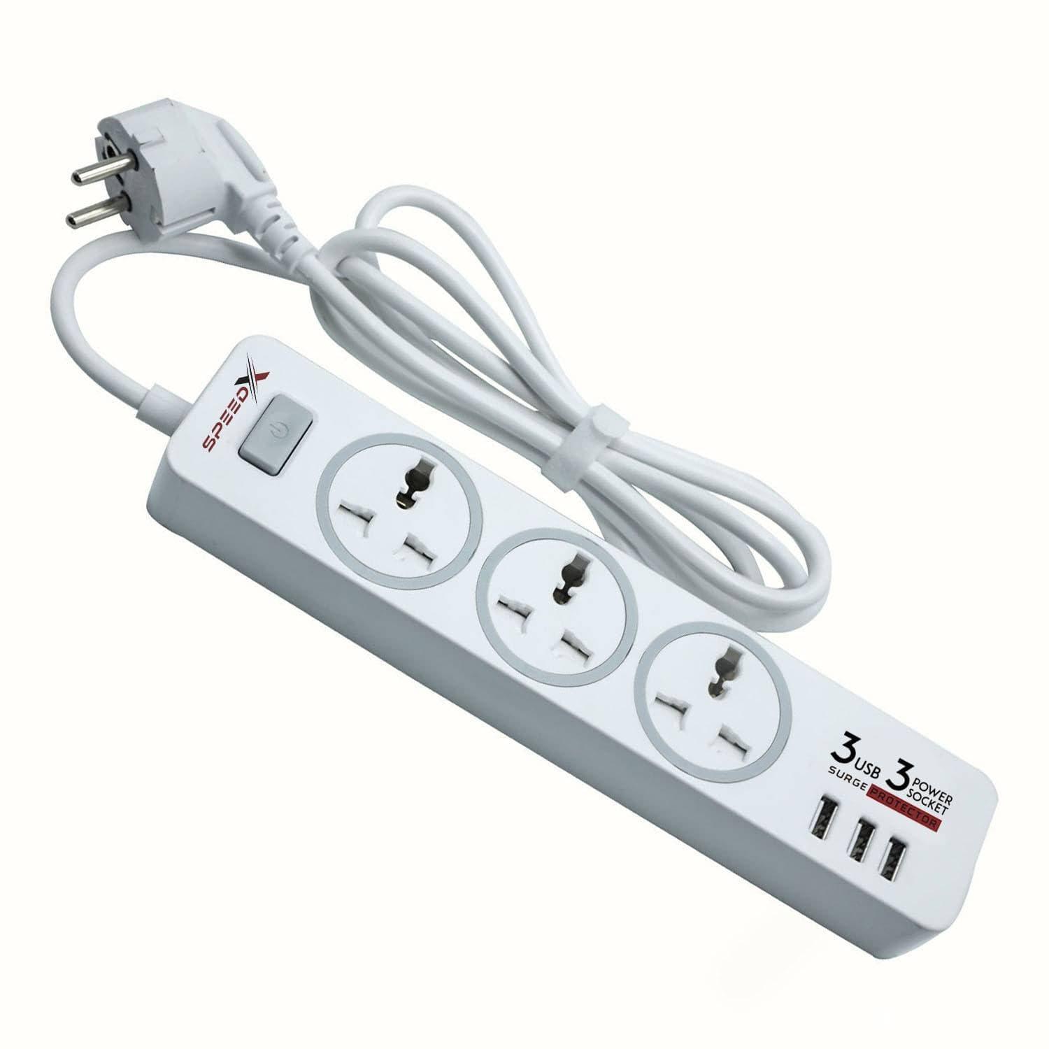 Speed X303PU Premium Portable Power Strip 3socket 3usb Port - a white housing with three universal power sockets, three USB ports, a power switch, and a power cord.