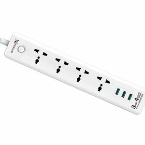 Speed X403PU Premium Portable Power Strip 4socket 3usb Port - a white rectangular power strip with four power sockets, three USB ports, and a power button.