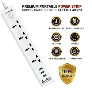 Speed X403PU Premium Portable Power Strip 4socket 3usb Port - a white power strip with four sockets, three USB ports, a power button, and six circular feature icons.