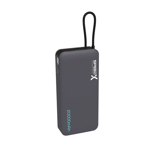 SpeedX SP-S285 22.5W 20000mAh Super Fast Charging Power Bank - with a top carrying loop, a side digital display showing 100%, and two top-facing charging ports.