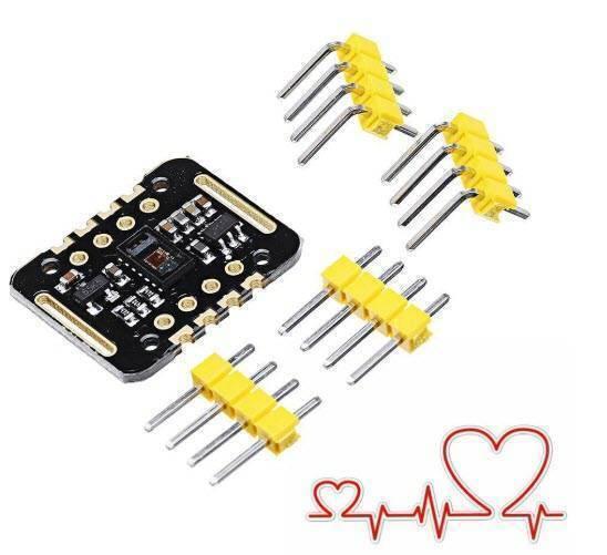 SPO2 MAX30102 Blood Oxygen Concentration Sensor PPG Sensor - the black rectangular sensor module and four yellow four-pin headers on a white background.