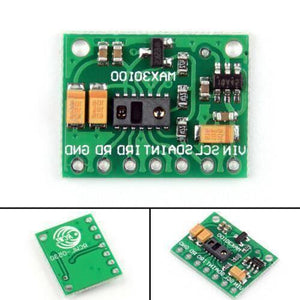 SPO2 Pulse Oximeter Heart Rate Sensor Module MAX30100 Ppg Sensor - shown in three views, featuring a green circuit board with an optical sensor and seven connection pins.
