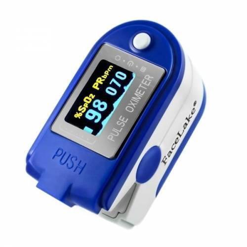 SPO2 Pulse Oximeter With Heart Rate Monitor - blue and white finger-clip device with a digital display showing 98 SpO2 and 070 PR bpm.