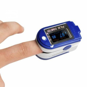 SPO2 Pulse Oximeter With Heart Rate Monitor - a blue and white device on a finger with a digital display reading 97 percent SpO2 and 95 PR bpm.