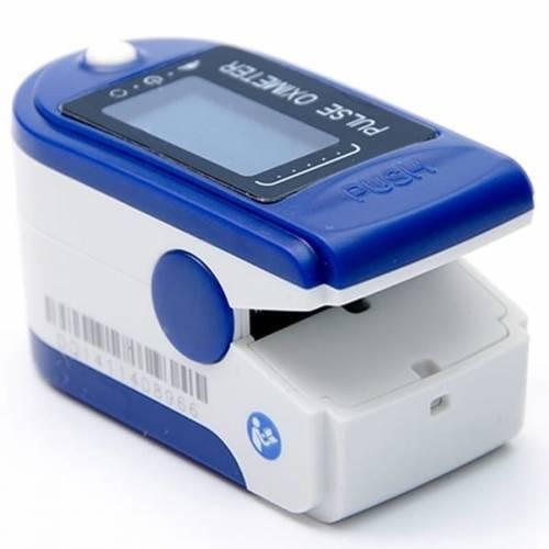 SPO2 Pulse Oximeter With Heart Rate Monitor - a blue and white finger-clip device with a blank display screen and a single white button on top.