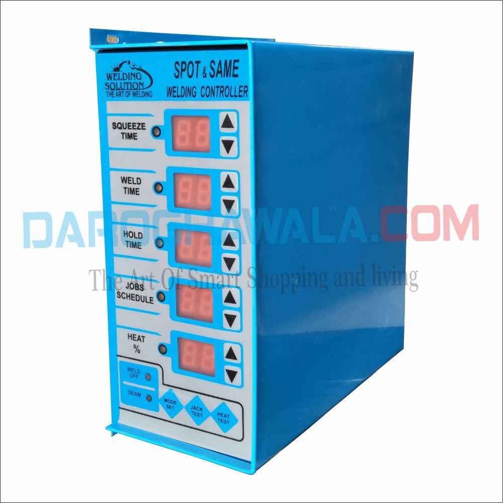Spot/SEAM Welding Control Panel - a blue rectangular metal box with a front panel featuring five digital displays, adjustment buttons, and mode switches.