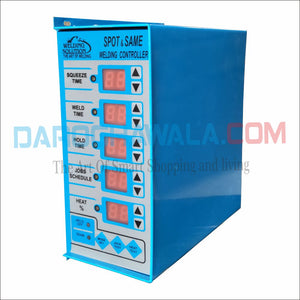 Spot/SEAM Welding Control Panel - a blue rectangular metal box with a front panel featuring five digital displays, adjustment buttons, and mode switches.
