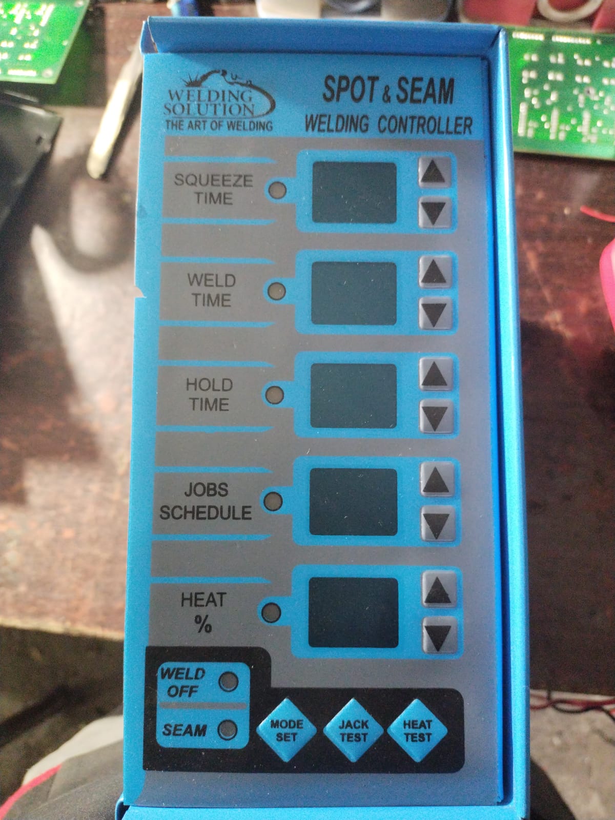 Spot/SEAM Welding Control Panel - a blue rectangular control panel featuring five digital displays with up/down buttons, indicator lights, and mode switches.