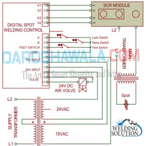 Spot/SEAM Welding Control Panel - the digital control unit, SCR module, supply transformer, air valve, and switch connections.