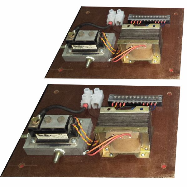 Spot/SEAM Welding Control Panel - a SanRex module, a transformer, a terminal block, and a connector block mounted on a brown board.