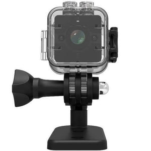 Spy Dvr 1080P Waterproof Camcorder HD Mini Camera SQ12 - mounted in a clear protective case on a black adjustable stand with a side tightening knob.