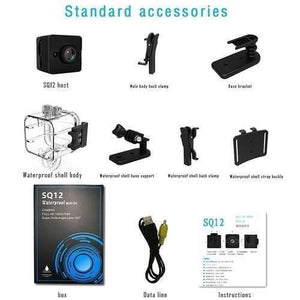 Spy Dvr 1080P Waterproof Camcorder HD Mini Camera SQ12 - all standard accessories, including the black camera unit, waterproof shell, various mounting brackets, data cable, and box.