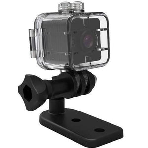 Spy Dvr 1080P Waterproof Camcorder HD Mini Camera SQ12 - clear protective housing mounted on an adjustable black plastic stand with a base.