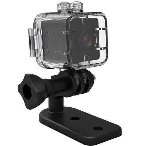 Spy Dvr 1080P Waterproof Camcorder HD Mini Camera SQ12 - clear protective housing mounted on an adjustable black plastic stand with a base.