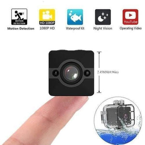 Spy Dvr 1080P Waterproof Camcorder HD Mini Camera SQ12 - shown as a black square camera held by a finger, with a waterproof case accessory shown below.