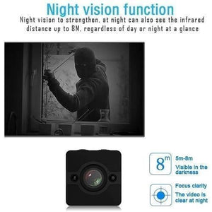 Spy Dvr 1080P Waterproof Camcorder HD Mini Camera SQ12 - a black square camera, an infrared night vision sample, and icons indicating 8m range.