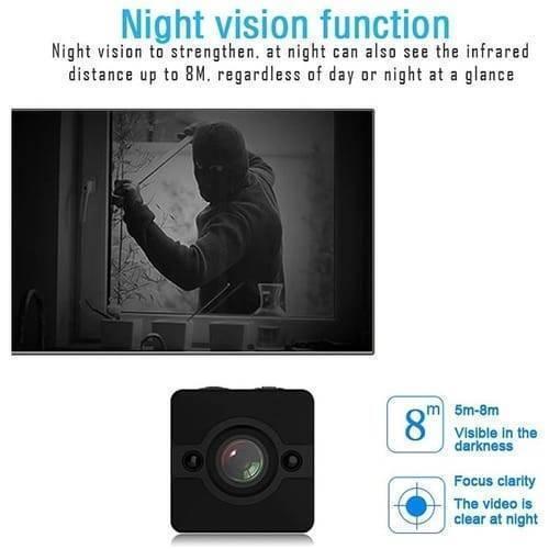 Spy Dvr 1080P Waterproof Camcorder HD Mini Camera SQ12 - a black square camera, an infrared night vision sample, and icons indicating 8m range.