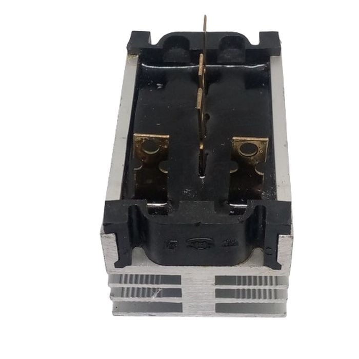 SQL-80A THREE PHASE BRIDGE - a black and silver metal electronic component with four vertical metal terminal pins mounted on a finned heatsink base.
