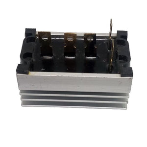 SQL-80A THREE PHASE BRIDGE - a rectangular black and silver electronic component featuring four metal blade terminals mounted on a finned heat sink.
