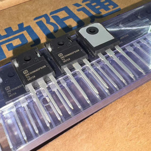 SRE100N65 IGBT - High-Performance Transistor for Power Electronics - a black electronic transistor with three metal pins, shown in a clear plastic storage tray with multiple units visible.