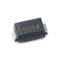 SS34 SMA 40V/3A Schottky Diode SMD - a small black rectangular SMD electronic component with silver metal terminals on each end and the text SS34 printed on top.